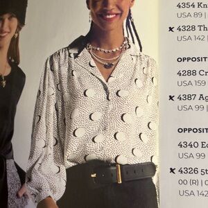 CAbi Eclipse Blouse 4340 Size Medium Generous Black and White Crescent Print